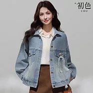 【初色】丹寧復古簡約休閒寬鬆翻領緞帶落肩長袖牛仔夾克女外套-藍色-19138(M/L可選) M 藍色