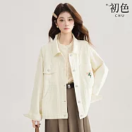 【初色】韓系簡約小花刺繡多口袋翻領排扣長袖牛仔外套女外套-米杏色-19139(M/L可選) M 米杏色