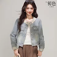 【初色】韓版純色翻領蕾絲花邊拼接短版長袖排釦牛仔外套女外套-藍色-19140(M/L可選) M 藍色