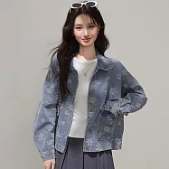 【初色】復古港風緹花刺繡寬鬆廓形牛仔外套女外套-藍色-19141(M/L可選) M 藍色