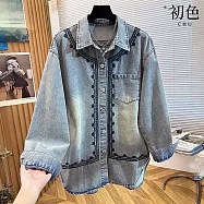 【初色】復古風翻領單排釦長袖口袋重工提花刺繡寬鬆上衣牛仔外套女外套-淺藍色-19264(M/L可選) M 淺藍色