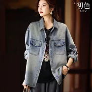 【初色】美式牛仔燙鑽翻領長袖襯衫外套女外套-淺藍色-19262(M-XL可選) M 淺藍色