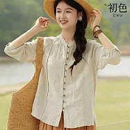 【初色】優雅亞麻風寬鬆立領排扣七分袖純色襯衫上衣女上衣-米杏色-14739(M-2XL可選) M 米杏色