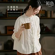 【初色】法式重工拼接蕾絲花邊圓領長袖線條內搭打底襯衫上衣女上衣-米白色-19241(M-2XL可選) M 米白色
