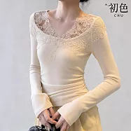【初色】純色拼接鏤空蕾絲花邊圓領長袖內搭打底T恤上衣女上衣-共2色-19229(M-XL可選) M 米白色