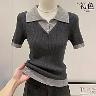【初色】簡約風拚色假兩件修身顯瘦POLO領短袖針織T恤上衣女上衣-灰色-19154(F可選) F 灰色