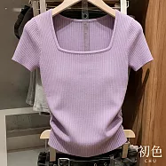【初色】純色簡約休閒方領坑條紋理短袖針織毛衣上衣女上衣-紫色-19178(F可選) F 紫色