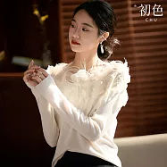 【初色】法式純色繁花刺繡網紗羽毛圓領長袖內搭打底針織衫上衣女上衣-共2色-19230(F可選) F 白色