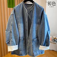 【初色】蕾絲拼接撞色寬鬆圓領長袖單排釦大口袋牛仔外套女外套-深藍色-19253(M-XL可選) M 深藍色