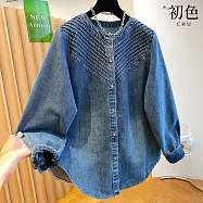 【初色】休閒純色圓領長袖V型壓褶單排扣寬鬆牛仔襯衫外套上衣女上衣-藍色-19254(M-XL可選) M 藍色