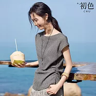 【初色】通勤風純色圓領短袖收腰顯瘦肌理感皺褶開叉T恤上衣女上衣-灰色-19678(M-2XL可選) M 灰色