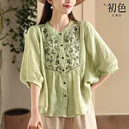 【初色】棉麻風復古刺繡繡花寬鬆V領單排釦五分燈籠袖襯衫上衣女上衣-共3色-14891(M-2XL可選) M 綠色
