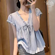 【初色】通勤風假兩件V領荷葉邊花苞袖短袖條紋綁帶褶皺襯衫上衣女上衣-藍色-19654(M-XL可選) M 藍色