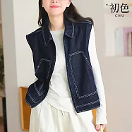 【初色】休閒風翻領無袖撞色明線拉鍊上衣牛仔馬甲背心女背心-藏藍色-19236(M-2XL可選) M 藏藍色