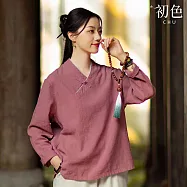 【初色】新中式棉麻風顯瘦盤釦V領長袖襯衫禪意茶服上衣女上衣-共3色-19245(M-2XL可選) M 豆沙色
