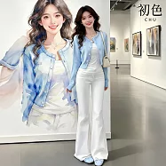 【初色】簡約純色圓領短版T恤上衣+針織圓領長袖外套+休閒褲寬褲長褲套裝-藍白色-19783(F可選) F 藍白色