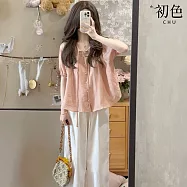 【初色】法式娃娃領泡泡袖雪紡襯衫上衣女上衣+純色直筒褲休閒褲寬褲長褲套裝-粉衣白褲-19451(M-XL可選) M 粉衣白褲