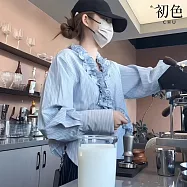 【初色】通勤風純色木耳邊V領條紋寬鬆落肩長袖襯衫上衣女上衣-藍色-19111(M-XL可選) M 藍色
