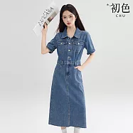 【初色】復古簡約修身直筒翻領排釦短袖牛仔毛邊A字長裙連衣裙連身洋裝長洋裝-藍色-19146(M/L可選) M 藍色