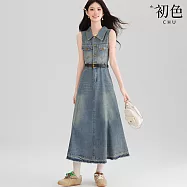 【初色】港風翻領單排釦無袖牛仔中長裙連衣裙連身洋裝長裙-藍色-19133(M-L可選) M 藍色