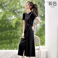 【初色】韓系氣質顯瘦圓領短袖收腰扭結開衩中長裙連衣裙休閒連身洋裝長洋裝長裙-黑色-19285(M-2XL可選) M 黑色