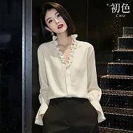 【初色】優雅復古純色V領木耳邊肌理感喇叭袖長袖襯衫上衣女上衣-米色-19083(M-XL可選) M 米色