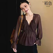 【初色】法式輕奢風純色褶皺V領喇叭袖長袖收腰襯衫上衣女上衣-咖色-19228(M-XL可選) M 咖色