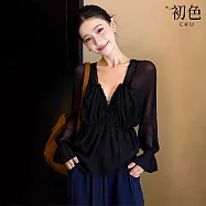 【初色】法式顯瘦收腰蕾絲喇叭袖長袖V領襯衫上衣女上衣-黑色-19217(M-XL可選) M 黑色