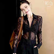 【初色】法式純色V領性感透視蕾絲長袖襯衫上衣女上衣-黑色-19221(M-XL可選) M 黑色