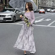 【初色】兩件式文藝風圓領垂感長袖落肩袖坑條紋針織衫上衣女上衣+高腰鬆緊腰優雅暈染寬鬆中長裙連衣裙長裙套裝-紫色-19674(M-2XL可選) M 紫色