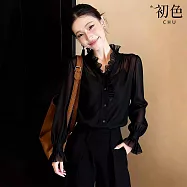 【初色】法式純色V領單排釦長袖設計感花邊上衣女上衣-黑色-19294(M-2XL可選) M 黑色