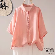 【初色】復古簡約休閒純色半門襟單排釦POLO領五分袖小衫襯衫上衣女上衣-共3色-14904(M-2XL可選) M 粉色