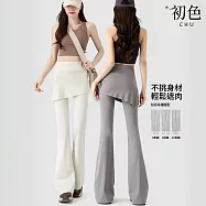 【初色】運動風薄款緊身顯瘦純色假兩件高腰微喇瑜珈褲休閒褲寬褲長褲-共3色-19721(M-2XL可選) M 灰色