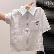 【初色】純色拼接假兩件華夫格翻領短袖抽繩寬鬆襯衫上衣女上衣-共2色-19265(M-2XL可選) M 白色