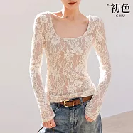 【初色】法式氣質雙層蕾絲U領長袖修身T恤上衣女上衣-米白色-19288(M/L可選) M 米白色