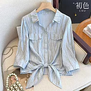 【初色】休閒翻領假口袋七分袖單排扣綁帶透氣襯衫上衣女上衣-共2色-18842(M-2XL可選) M 藍色