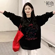 【初色】簡約風貓咪英字印花寬鬆圓領長袖T恤上衣女上衣-共2色-19340(M-3XL可選) M 黑色