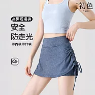 【初色】運動風牛仔高腰抽繩瑜珈健身褲運動短裙包臀裙半身裙短裙-共3色-19720(M-2XL可選) M 淺藍色