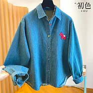 【初色】休閒風長袖POLO領小馬裝飾寬鬆撞色鈕扣牛仔襯衫上衣女上衣-藍色-19279(M-XL可選) XL 藍色