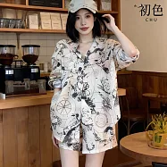 【初色】港風翻領暈染圖騰印花長袖排扣上衣女上衣+鬆緊腰口袋短褲套裝-花色-19802(M-XL可選) M 花色