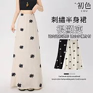 【初色】復古亞麻風格休閒修身刺繡薄透蕾絲後拉鍊高腰開叉中長裙長裙-共2色-19190(M-3XL可選) M 杏色