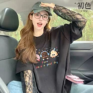 【初色】韓版純色假兩件卡通塗鴉蕾絲拼接圓領T恤長袖上衣女上衣-共2色-19401(M-2XL可選) M 黑色