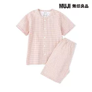 【MUJI 無印良品】兒童鏤空編織泡泡紗短袖家居睡衣 120-130cm 煙燻粉紋樣