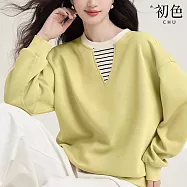 【初色】休閒風假兩件圓領條紋拼接螺紋長袖寬鬆大學T上衣女上衣-共2色-19755(M-2XL可選) M 黃綠色