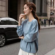 【初色】純色拼接壓褶圓領落肩袖長袖T恤衛衣內搭打底衫寬鬆上衣女上衣-共2色-19740(M-2XL可選) M 藍色