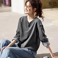 【初色】慵懶風純色拼接格紋小V領長袖上衣女上衣-灰色-19739(M-2XL可選) M 灰色