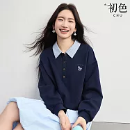 【初色】假兩件小馬刺繡格紋寬鬆polo領長袖衛衣上衣女上衣-共2色-19738(M-2XL可選) M 藏藍色