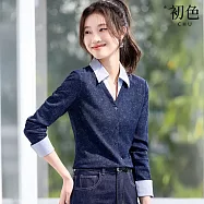 【初色】假兩件撞色拼接修身V領長袖襯衫上衣女上衣-藏青色-19753(M-2XL可選) M 藏青色