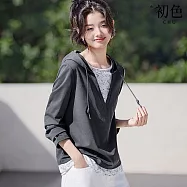 【初色】慵懶風撞色印染假兩件拼接連帽帽T長袖上衣女上衣-深灰色-19747(M-2XL可選) M 深灰色