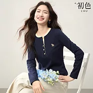 【初色】通勤風圓領正肩長袖假兩件撞色打底衫T恤上衣女上衣-深藍色-19760(M-2XL可選) M 深藍色